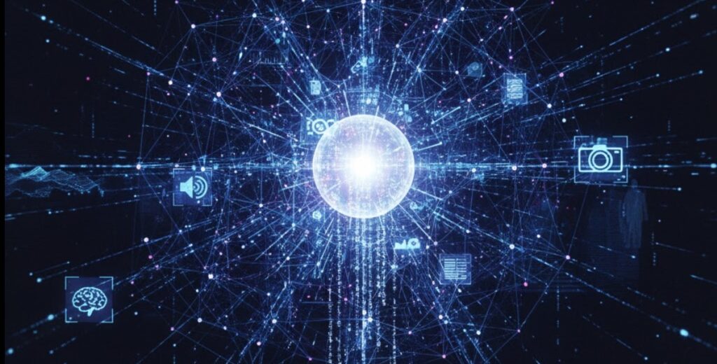 Blue galaxy background with a glowing AI sphere connected to icons for image generation, language models, and other AI functions.